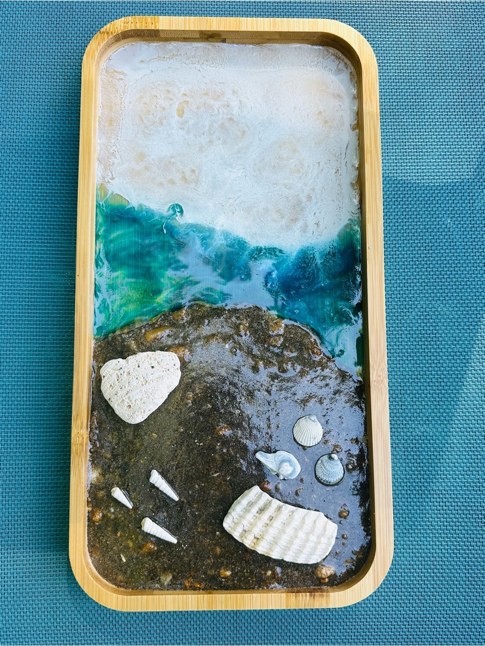Hand Crafted Resin Beach-Themed Tray with Sand and Shells